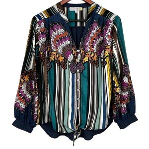 Figueroa & Flower Boho Mixed Print Tie-Front Blouse - Large